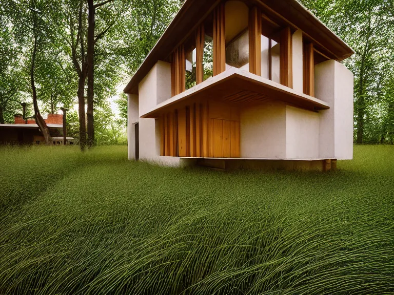 Image similar to hyperrealism design by frank lloyd wright and kenzo tange photography of beautiful detailed small house with many details around the forest in small detailed ukrainian village designed by taras shevchenko and wes anderson and caravaggio, wheat field behind the house, volumetric natural light