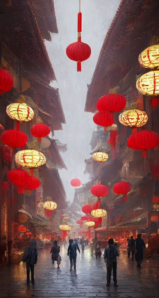 Image similar to epic scenery of a shopping street in the Chinese imperial city, intricate, elegant, volumetric lighting, digital painting, highly detailed, artstation, sharp focus, illustration, concept art, ruan jia, steve mccurry
