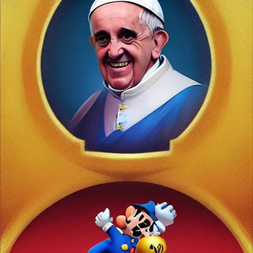 Prompt: pope francis as super mario, digital painting, trending on artstation, by artgerm and greg rutkowski and alphonse mucha