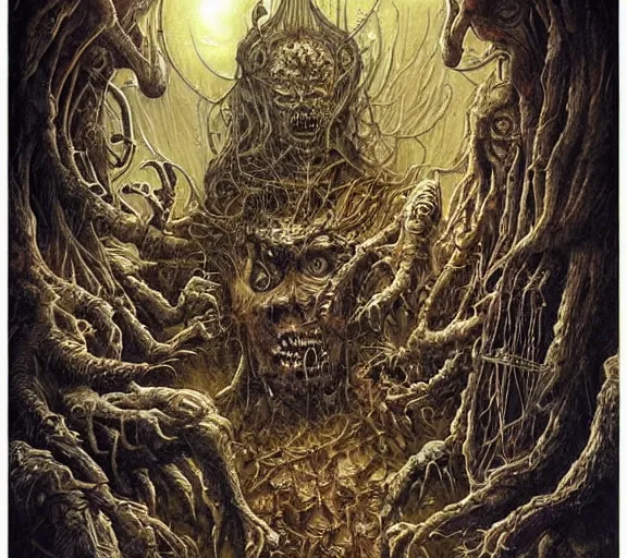 Image similar to A horror illustration design of a prophecy book from hell revealing the fate of mankind,by M.W.kaluta , Andrew Ferez , Billelis ,aaron horkey, peter gric,trending on pinterest,rococo,hyperreal,maximalist,glittering,feminine-H 768