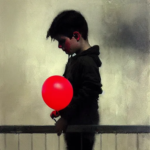 Image similar to lonely kid with a red balloon, gloomy, painting by jeremy mann