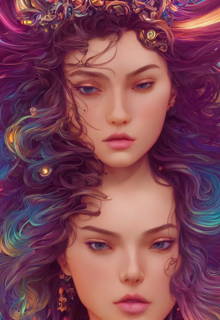 Image similar to beautiful, young woman, detailed gorgeous face, vaporwave aesthetic, synthwave, colorful, psychedelic, crown, artstation, concept art, smooth, extremely sharp detail, finely tuned detail, ultra high definition, 8 k, unreal engine 5, ultra sharp focus, illustration, art by artgerm and greg rutkowski and alphonse mucha