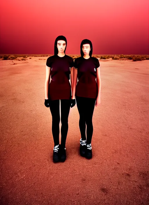 Prompt: photographic portrait shot on cinestill 5 0 d of two loving clones in front of a brutalist dark metal facility, techwear women on a desolate plain with a red sky, diverse, dust storm, 3 5 mm, 8 k, depth of field, high resolution, ultra realistic faces