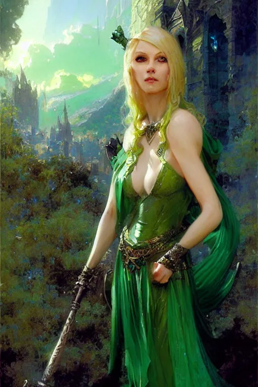 Prompt: blonde sorceress in a green dress holding a sceptre and wearing glasses portrait dnd, painting by gaston bussiere, craig mullins, greg rutkowski, yoji shinkawa