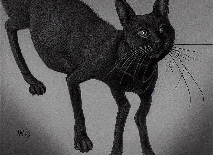 Prompt: a picture of an horrific cat that has spider legs and eyes, art by wayne barlowe