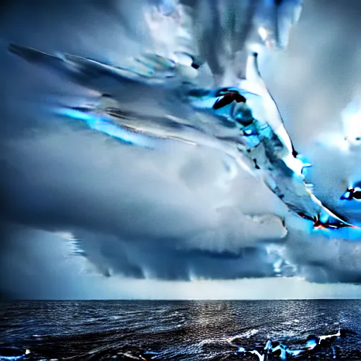 Image similar to a tornado!! made of seagulls, windy, cloudy, realistic reflections, cinematic lighting