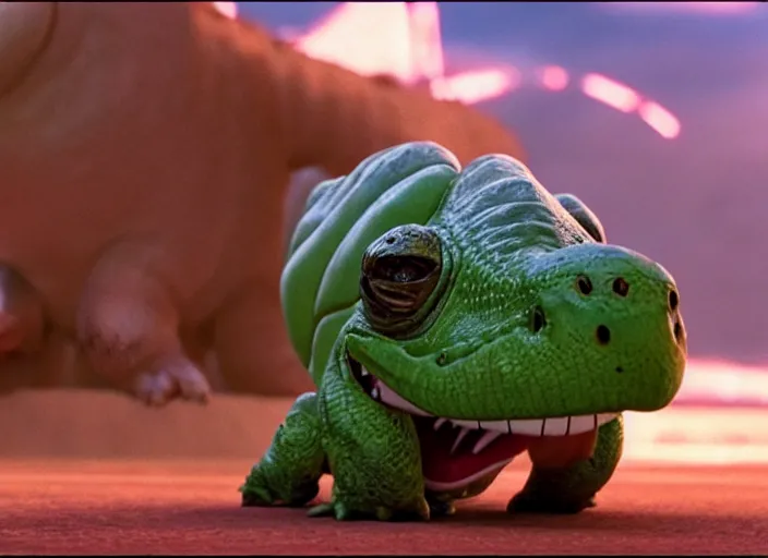 Image similar to film still of yoshi in the new sci - fi movie, cute upright dinosaur with a small turtle shell and long tongue, 8 k