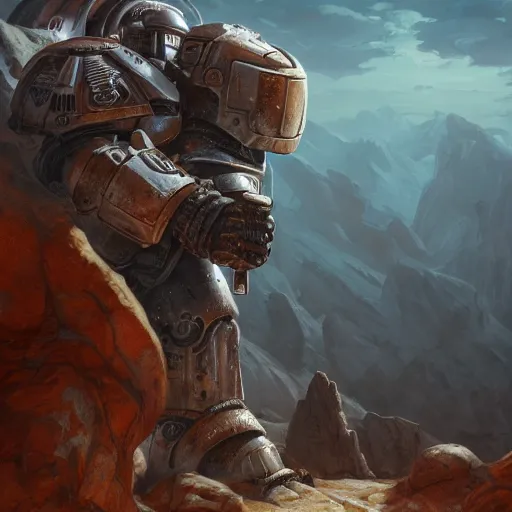 Image similar to epic portrait an giant space marine walking on a dead world full of rocks and hills, digital painting, artstation, concept art, soft light, hdri, smooth, sharp focus, illustration, fantasy, intricate, elegant, highly detailed, D&D, matte painting, in the style of Greg Rutkowski and Alphonse Mucha and artemisia, 8k, highly detailed, jurgens, rutkowski, bouguereau, pastoral, rustic, georgic, detailed concept art, illustration, colorful pastel, painting, detail, ultra detailed, digital art, 4K, unreal engine 5, 16k resolution,