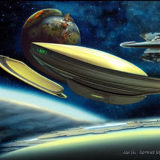 Prompt: a spaceship in a scenic environment by jim burns