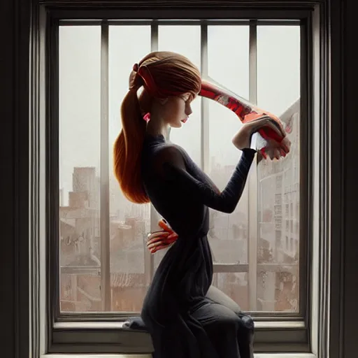 Image similar to Lofi portrait at a window, Pixar style by Stanley Artgerm and Tom Bagshaw and Tristan Eaton and Tim Burton