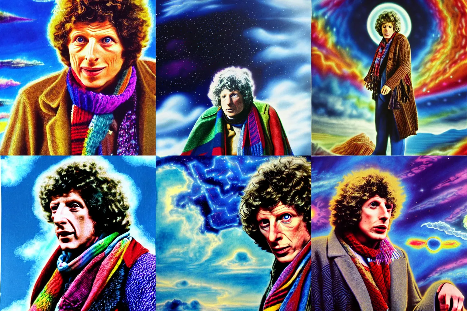 Prompt: tom baker using his scarf to fly, psychedelic, clouds, 4 k, intricate high details, sharp, 1 9 7 7, photo realistic