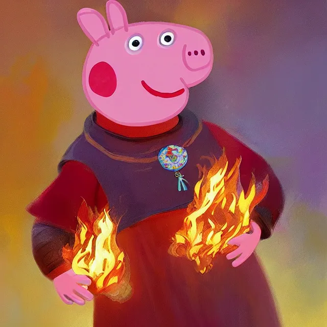 Prompt: peppa pig as a firebender, portrait, elegant, intricate, digital painting, artstation, concept art, smooth, sharp focus, illustration, art by konstantin korovin and daniel f. gerhartz and john howe