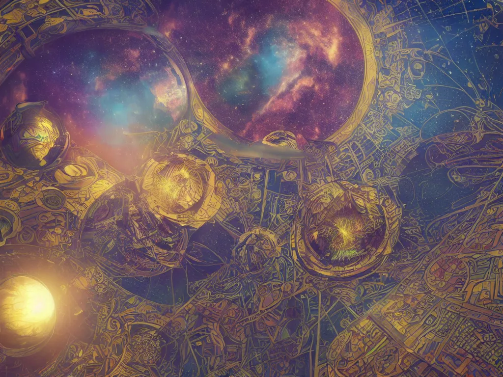 Image similar to The universe is a spheroid region 705 meters in diameter, 3d render, Sunlight Study, by Carducius Ream and ((((Lisa Frank)))), Art Nouveau, 8k, extreme detail, sharp focus, octane render