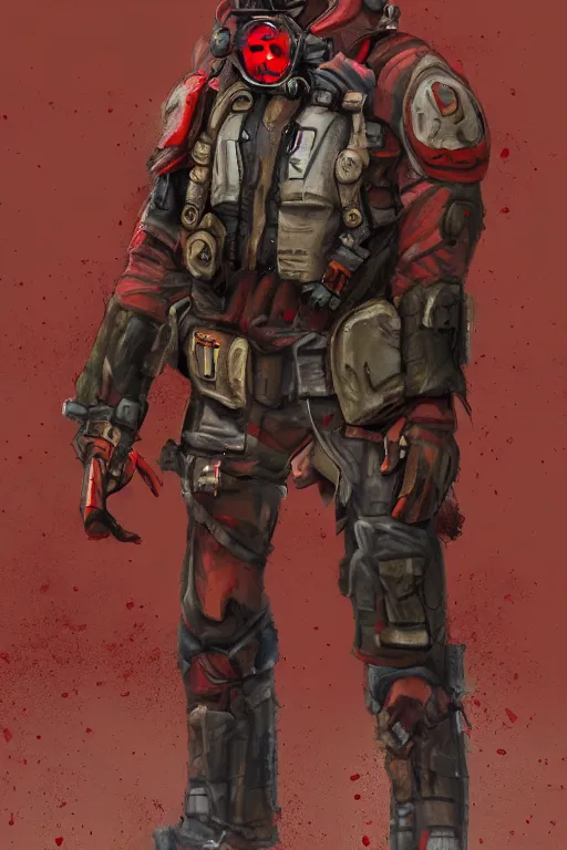 Prompt: post apocalypitc soldier, brown coat with red patches, red team, character concept art, digital art