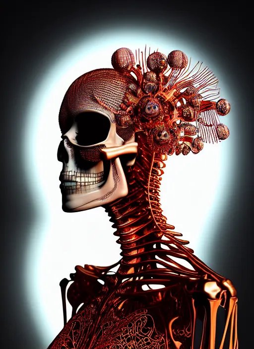 Prompt: portrait of an absurdly beautiful, graceful, sophisticated, fashionable futuristic female skeleton with sections of skin showing, glowing internal light, hyperdetailed illustration by irakli nadar and alexandre ferra, intricate linework, faberge, intricate chrome headdress, dark atmosphere, glowing red eyes, unreal engine 5 highly rendered, global illumination, radiant light, detailed and intricate environment