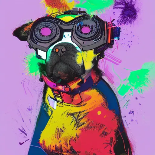 Image similar to illustration of cyberpunk puppy in vr helmet, colorful splatters, by andy warhol and by zac retz and by kezie demessance