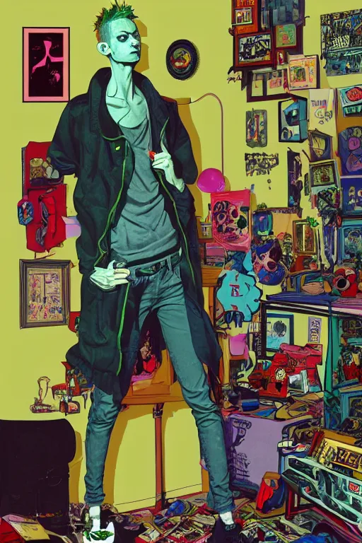 Image similar to a skinny goth guy standing in a cluttered 9 0 s bedroom by jamie hewlett, jamie hewlett art, full body character concept art, vaporwave colors, digital painting, hd, ultra hd, detailed, award winning, small details, artgerm art, sabas apterus art,