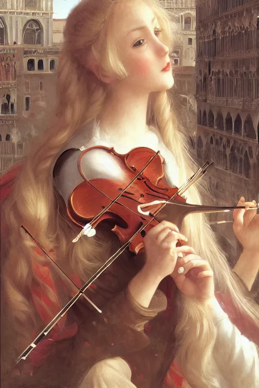 Prompt: beautiful blonde girl, expressively playing the violin, in a venetian outfit, illustration, manga, on the roof of a burning building, highly detailed, artstation, illustration, jurgens, rutkowski, bouguereau, canon eos r 3