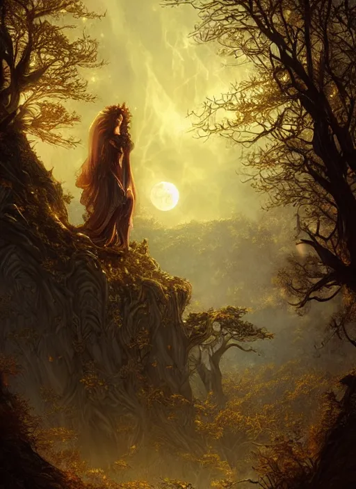 Prompt: fantasy book cover, full moon, fantasy forest landscape, golden vector elements, fantasy magic, dark light night, intricate, elegant, sharp focus, illustration, highly detailed, digital painting, concept art, matte, art by WLOP and Artgerm and Albert Bierstadt, masterpiece