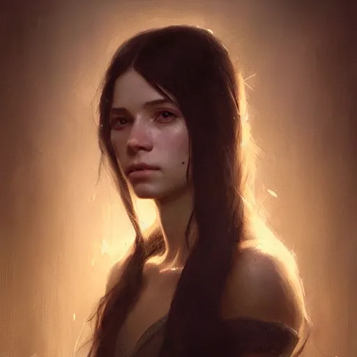 Image similar to highly detailed portrait of a young woman with long dark hair, art by greg rutkowski, unreal engine, high quality, vivid, stunning lighting