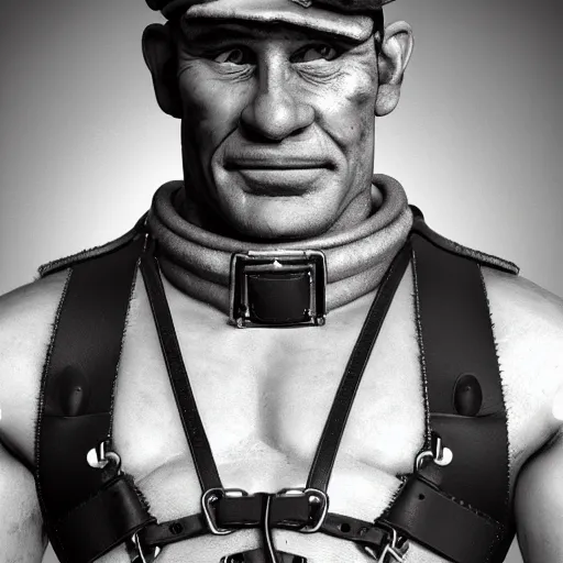 Image similar to 3 5 mm photo of popeye the sailor man wearing leather harness in the style of tom of finland, furry chest, full body, ultra high detailed, glowing lights, oil painting, unreal 5, daz, hyperrealistic, octane render, rpg portrait, dynamic lighting, fantasy art, beautiful face