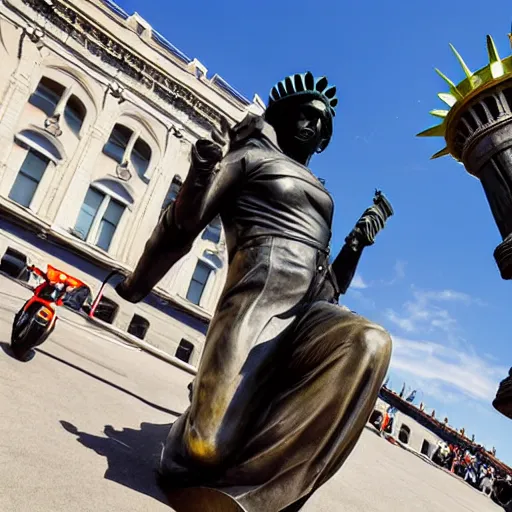 Prompt: motorcycle jumping over a sad statue of liberty kneeling down
