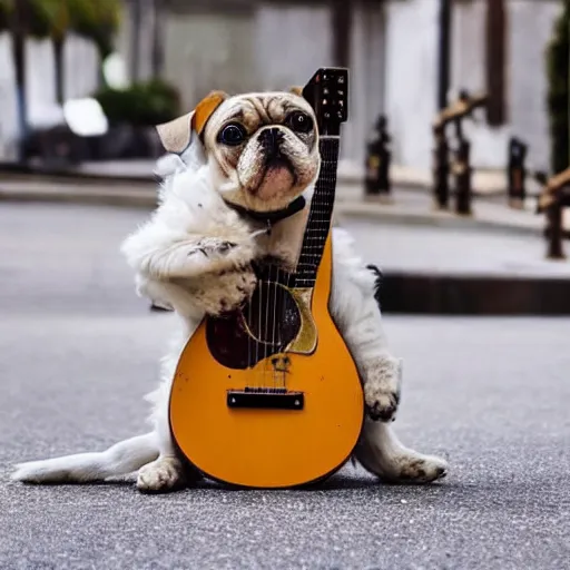 Image similar to dog playing a guitar, cool, rad, amazing, realistic