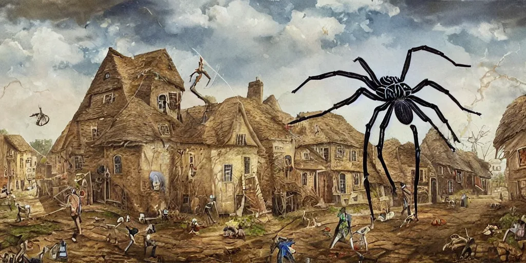 Image similar to painting of a giant spider walking in a village, surreal