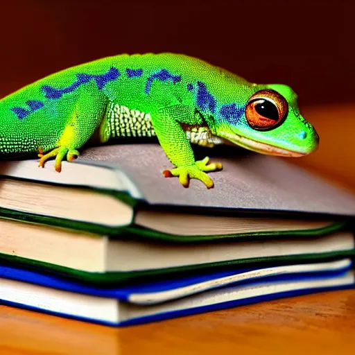 Prompt: the! geico! gecko on a table,! being crushed! by a stack of books