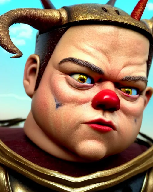 Image similar to highly detailed closeup, face profile portrait of a tin toy matt damon as a medieval demon with horns eating cakes in a castle, hyper realistic, artstation, illustration, nicoletta ceccoli, mark ryden, lostfish, dan decarlo, bob clampett, max fleischer, digital paint, matte paint, vivid colors, detailed and intricate environment