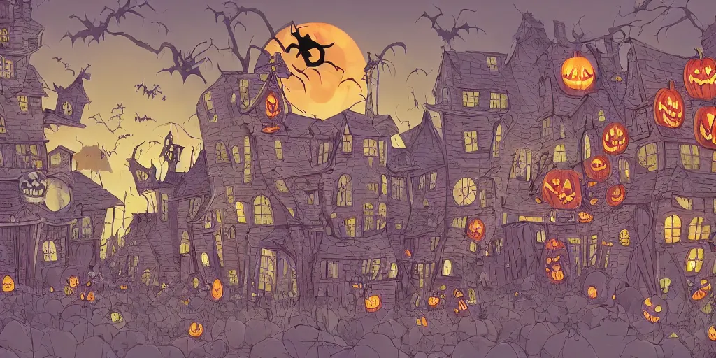 Image similar to a study of cell shaded cartoon of halloween town from tim burtons nightmare before christmas, illustration, wide shot, muted colors, concept art by josan gonzales and wlop, by james jean, victo ngai, david rubin, mike mignola, laurie greasley, highly detailed, sharp focus, trending on artstation, hq, deviantart, art by artgem