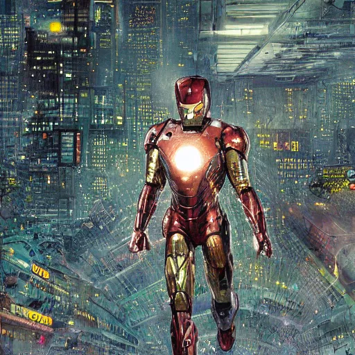 Image similar to a hyperdetailed photograph of iron man flying through the skies of a cyberpunk, futuristic city, night, dense fog, rain, hd, 8 k resolution by greg rutowski, stanley artgerm, alphonse mucha