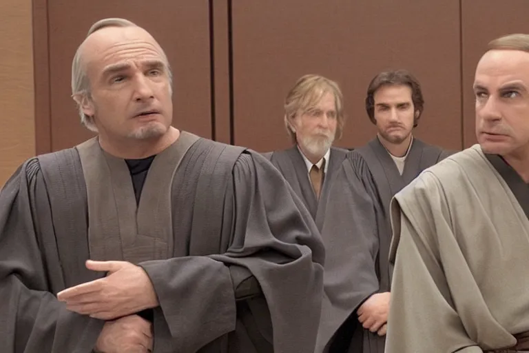 Image similar to jedi master anakin skywalker talking to saul goodman in court, us court, 1 0 8 0 p, court session images, realistic faces, better call saul court scene