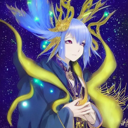 Prompt: portrait from an anime of an ethereal colorful blue starry peacock fox character, accented in bright metallic gold, wearing star filled magic imbued mage robes, art by yuji ikehata, background art by miyazaki, serious anime, realism, proper human proportions, fully clothed