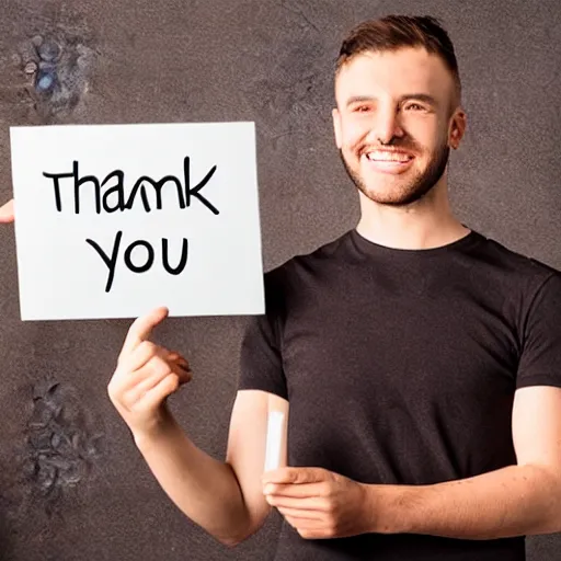 Image similar to man holding a thank you sign, madly grinning, studio light