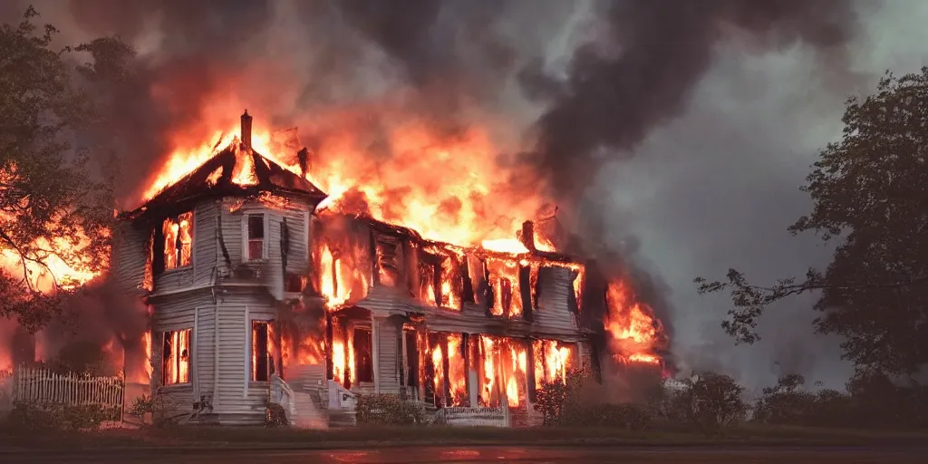 Prompt: queen anne style house on fire, cinematic, atmospheric, realistic