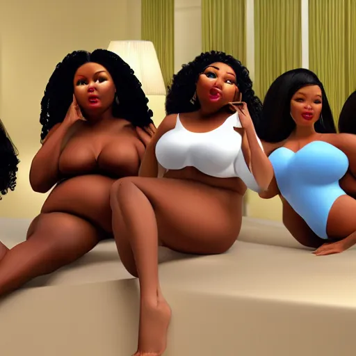 Image similar to photorealistic, stunning, coherent, beautiful painting, still of a group of black bbw models taking a picture of each other posing in the same bed , they are all laying down, one of them is on the phone with her boyfriend , 3d, in the style of pixar, smooth, 3d, highly detailed, highly detailed, sharp focus, bokeh, depth of field, 16k resolution, Unreal Engine 5, coherent, cinematic lighting, photorealistic