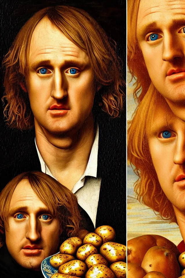 Prompt: bizarre renaissance portrait of owen wilson in a sea of thousands of highly detailed potatos, dramatic cinematic lighting, 8 k, beautiful intricate pop - art painting