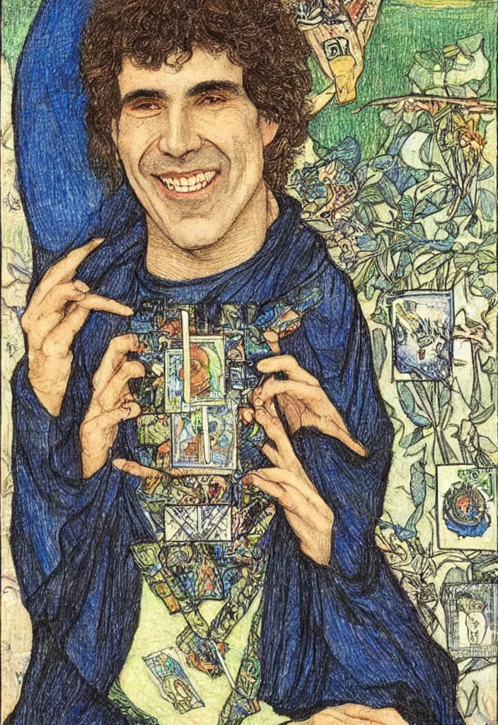 Prompt: Yoshua Bengio smiling drawn on the Tarot card. Illustration by preraphaelists.