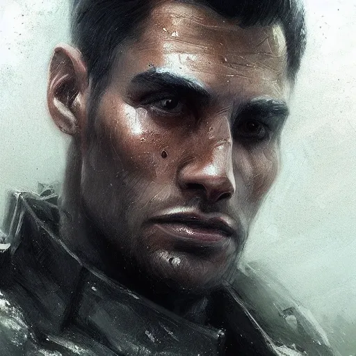 Image similar to portrait of a man by Greg Rutkowski, he is about 30 years old, he has short black military-style hair, a straight jaw, he has a scar above one eyebrow, he wears Galactic Alliance military fatigues, Star Wars Expanded Universe, highly detailed portrait, digital painting, artstation, concept art, smooth, sharp foccus ilustration, Artstation HQ