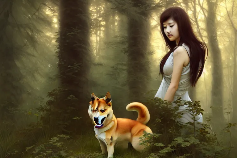 Prompt: Painting of a shiba inu in forest, dark fantasy, intricate, elegant, highly detailed, digital painting, artstation, concept photoset, smooth, sharp focus, photo, art by artgerm and greg rutkowski and alphonse mucha