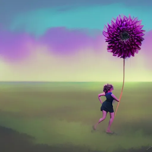 Image similar to portrait, giant purple dahlia flower head, woman running at orange beach, surreal photography, sunrise, blue sky, dramatic light, impressionist painting, digital painting, artstation, simon stalenhag