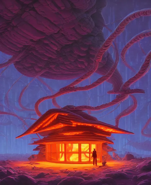 Image similar to a simple cabin made out of exotic fungus, weird simple fungus and tendrils, spaceship, sci - fi, robots, somber, partly cloudy, hell, fire, brimstone, lava, by dan mumford, yusuke murata, makoto shinkai, ross tran, cinematic, unreal engine, cel shaded, featured on artstation, pixiv