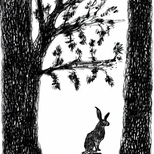 Image similar to milt kahl pen and ink sketch of a rabbit silhouette standing by a tree in the forest facing away