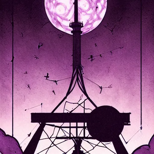 Prompt: artgerm, norman rockwell, abigail larson, purple color pallete, welcome to night vale, radio tower with black hole above it, spooky strange weird quirky, cartoon, 2 d, chiral lighting