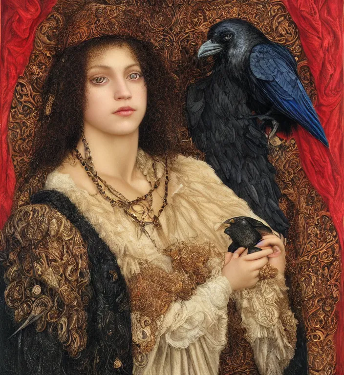 Image similar to a breathtakingly stunningly beautifully highly detailed portrait of a majestic raven, by rosetti and devinci and michael cheval and sidney cooper and turner, 4 k
