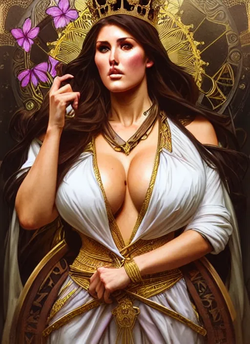 Image similar to lucy pinder as queen, incredibly detailed face, light half opened dress, true anatomy, art by artgerm and greg rutkowski and alphonse mucha