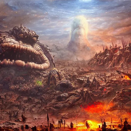 Prompt: extraterrestrial brutal warfare between rival warlords, violent, on ancient post - apocalyptic planet, jim henson creature shop, vivid and colorful, thomas kincaid, cinematic, oil painting, highly detailed, illustration