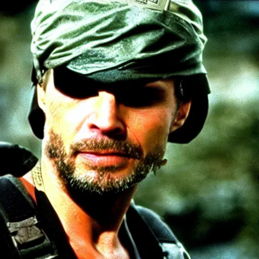 Prompt: michael biehn as solid snake, green bandana, 1 9 8 7, 3 5 mm