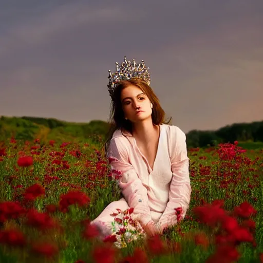 Image similar to Fine art photo of the most beautiful woman, she is posing while maintain a sweet eye contact to the camera, she has a crown of flowers, she has perfect white teeths, she is sitting on a field of lavader, she is getting ulluminated by the rays of the sunset, the photo was taking by Annie Leibovitz, Ellie Victoria Gale, Steve McCurry, matte painting, oil painting, naturalism, 4k, 8k